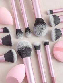 1pc Multi-Function Makeup Brush Set, Includes Powder Brush, Blush Brush, Foundation Brush, Eyeshadow Brush, Blending Brush, Contour Brush, Plus Angled Makeup Sponge, Round Makeup Sponge And White Powder Puff - Pink - View 6