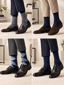 1/4pairs Men's Crew Socks, Mid Calf Socks,Classic Casual Business Dress Socks,Argyle Striped Polka Dot Solid, For Office, Work Daily Wear - Multicolor - View 5