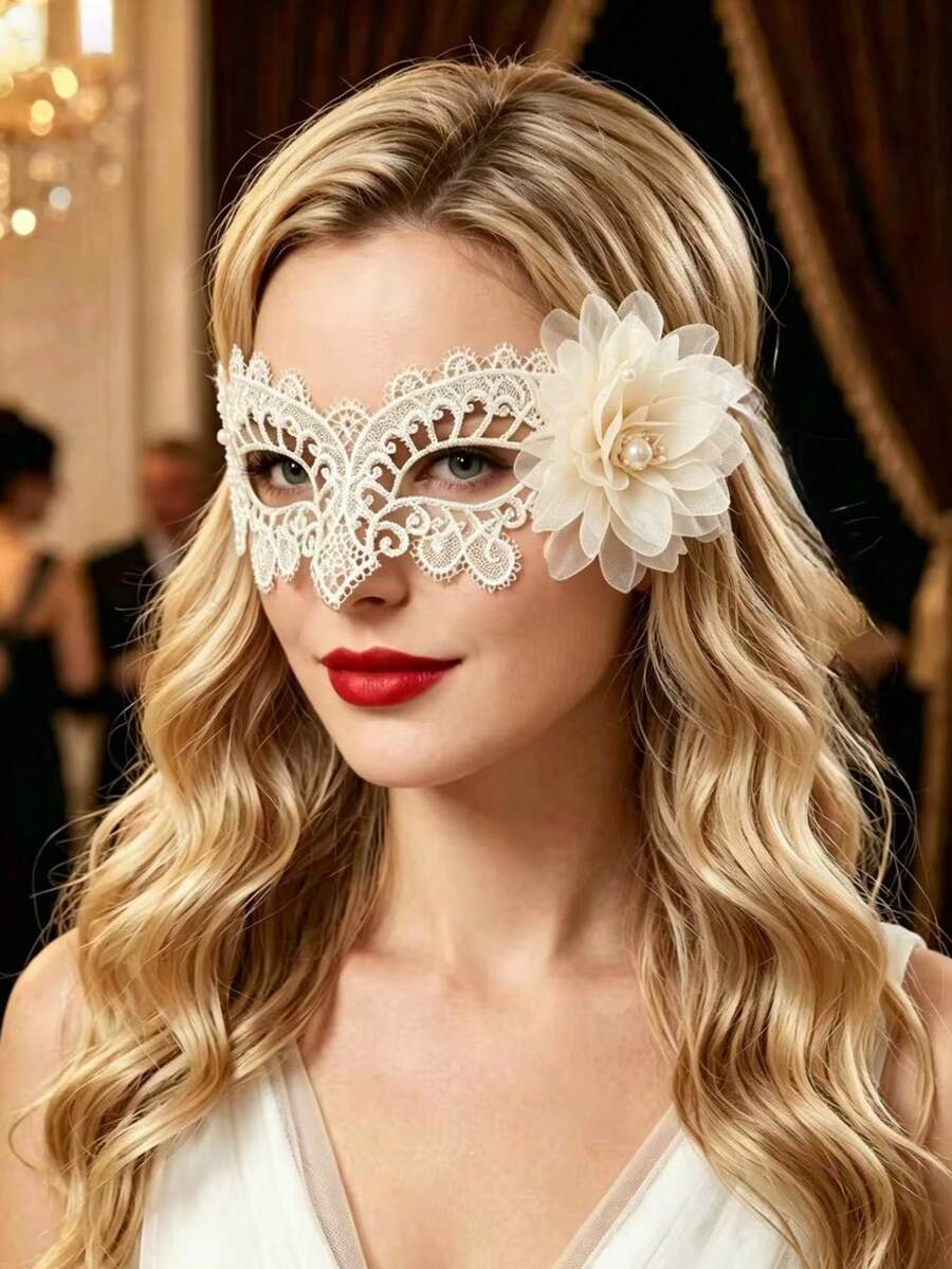 1pc Women's Lace Mask, Solid Color Butterfly Floral Vintage Sexy Party Masquerade Half Face Mask, Suitable For All Seasons - A - View 1