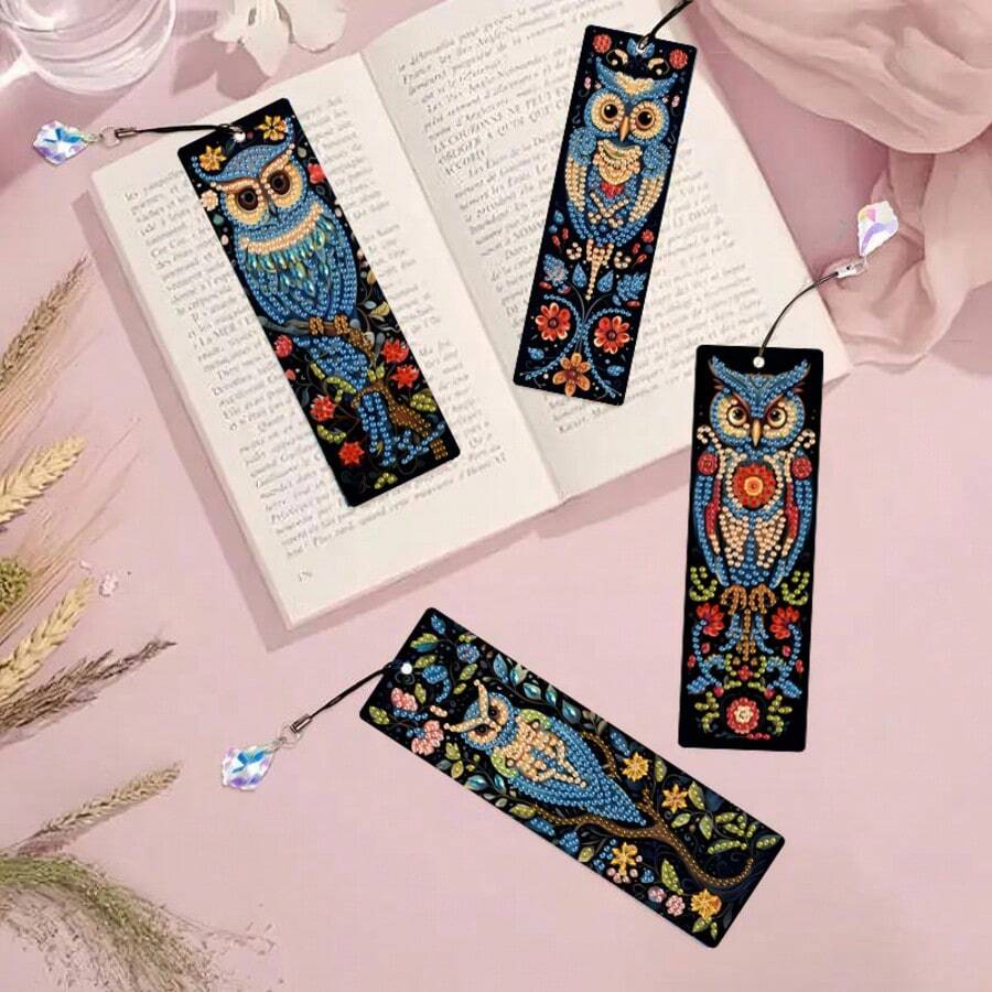 4pcs Owl Pattern Diamond Art Bookmark Set, DIY Diamond Art Craft, Suitable For Adults, Round And Asymmetrical Shape Acrylic Diamond Partial Inlay Design, Suitable For Book Lovers And Craft Enthusiasts - View 1