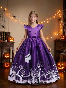 Tween Girl Halloween Series Pattern Satin Princess Dress, Holiday Party Dress Suitable For Gatherings And Balls, Fabric Pattern Randomly Cut, Does Not Include Hat And Headband - Purple - View 3