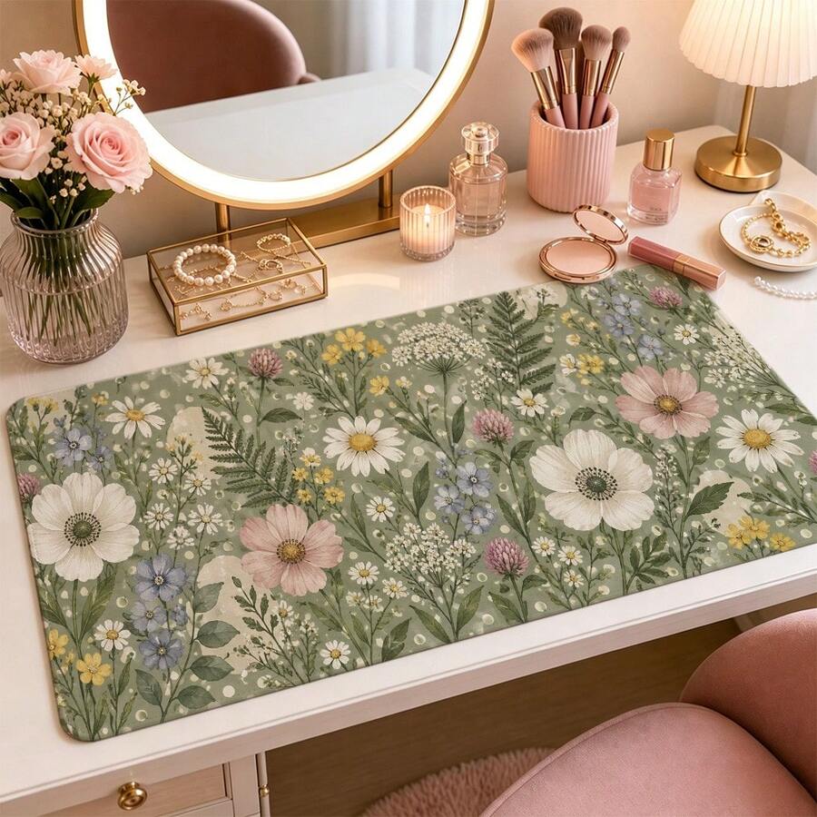 1pc Retro Polka Dot Floral Extended Mouse Pad, 2 Styles Available, Sage And Rose Desk Mat, Polyester Surface With Non-Slip Rubber Base For Home Office, Study, Dorm And Gaming, 3 Sizes Available - View 1