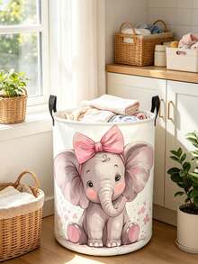 [Cute Elephant Basket] Cute Elephant Laundry Basket,Foldable Round Organizer Box With Sturdy Handle | Pink Bow & Butterfly, Soft Pastel Cartoon Design, Durable Storage Bin For Playroom, Spring Cleaning, Lightweight,For Room ,Bathroom - Multicolor - View 8