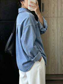 Women's Casual Loose Denim Shirt Jacket With Pockets - Medium Wash - View 4