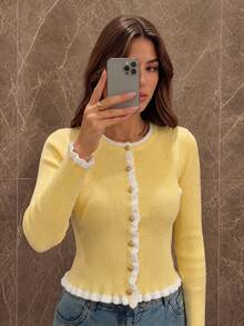Yepolly-Pop Women Spring Autumn Ribbed Knit Cardigan, Butter Yellow Ruffle Trim Button Front Crop Top, Elegant Daily Wear - Yellow - View 1