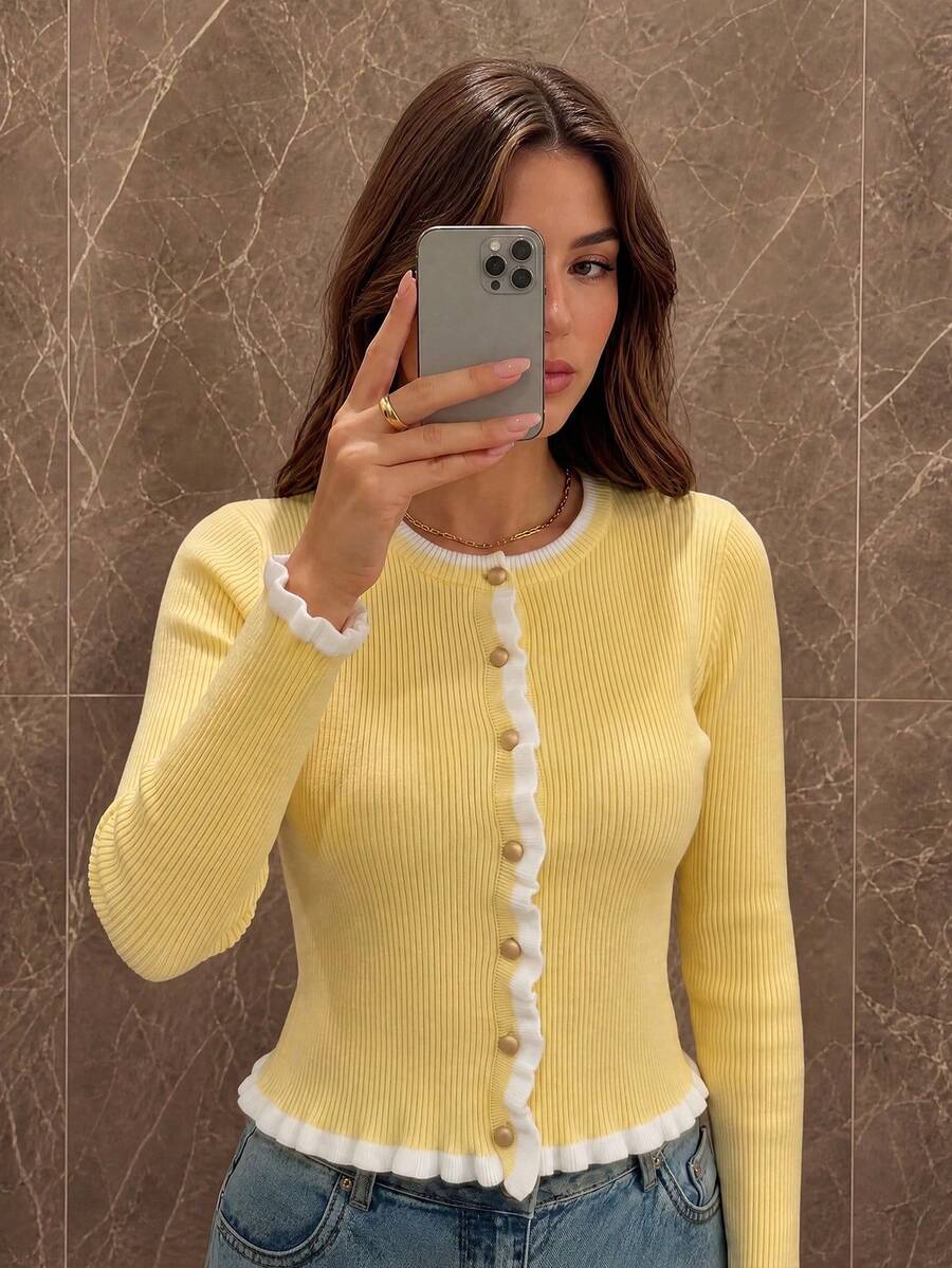 Yepolly-Pop Women Spring Autumn Ribbed Knit Cardigan, Butter Yellow Ruffle Trim Button Front Crop Top, Elegant Daily Wear - Yellow - View 1