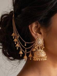 Elegant Rhinestone Gold Jhumka Earrings With Tassel Hair Chain, Traditional Middle Eastern Large Hoop Earrings, Suitable For Wedding Jewelry Or Party Wear - Teardrop Style - View 2