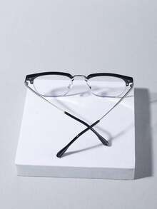 1 Pair Men's Metal Half-Frame Square Glasses, Casual Lightweight Transparent Glasses, Suitable For Daily Wear, Decoration And Travel - Clear - View 3