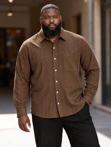 Men's Plus Size Shirt Top, Autumn Textured Fabric Solid Color Casual Plus Size Men's Clothing - Coffee Brown - View 6