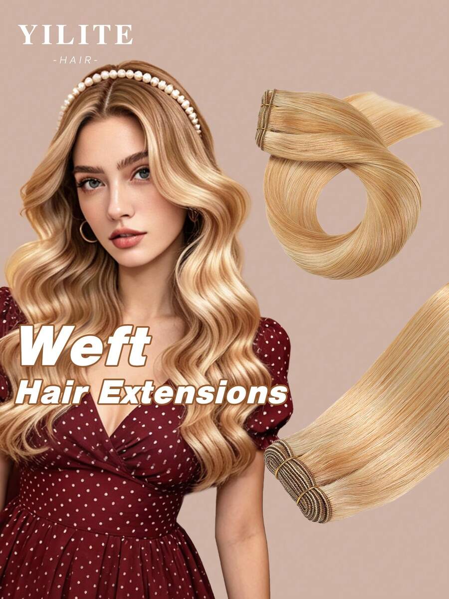 YILITE 22 Inch 100g Strawberry Blonde #27 Highlighted Bleach Blonde #613 P27/613 Human Hair Weft Sew In Hair Extensions Real Human Hair Hand Tied Hair Extensions Thick Add Volume - S27/613 - View 1