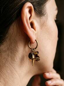 2 Buah Anting Gantung Hoop Gaya Batu Alam Vintage Dekorasi Musim Gugur dengan Charm Bintang, Mata Jahat dan Tangan, Perhiasan Wanita Gaya Bohemian - Anting-anting 7636 - View 2