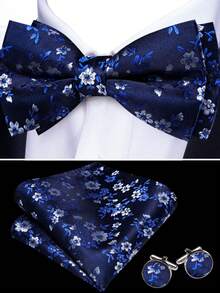 5Pcs Men Royal Blue Small Floral Jacquard Bow Tie Pocket Square Cufflinks Ring Boutonniere Set, Cufflinks Pattern Random For Wedding - Royal Blue - View 5