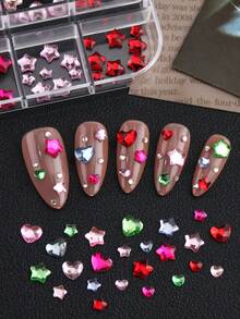 12 Grids Colorful Flat‑Back Nail Rhinestones Multi-Colored Star Heart Mixed Size Japanese Style Nail Charms DIY Manicure Art Decoration Supplies - Multicolor - View 6