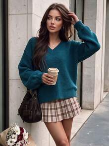 Aflion Women Fall V Neck Soft Knit Sweater, Drop Shoulder Lantern Long Sleeve Cropped Loose Pullover, Casual Daily Outfit - Dusty Blue - View 11