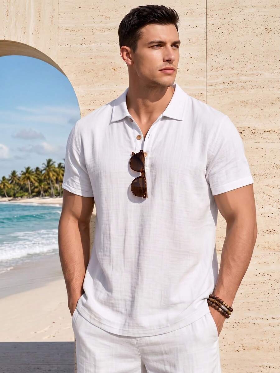 European & American Men's Linen Henley Collar Short Sleeve Casual V-Neck Button Polo Shirt Summer Beach Vacation Top - White - View 1
