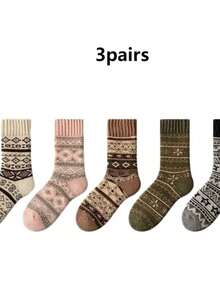 1/3/5 Pairs Thickened Wool Loop Socks, Vintage Winter Warm Mid-Calf Socks, Super Thick Home Floor Socks, Suitable For Daily Wear Or Gift - Multicolor - View 8