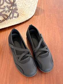 Women's Round Toe Mesh Ballet Flats, Cross Strap Design, Casual Fashion Daily Outdoor Vacation Slip-On Flat Shoes - Black - View 6
