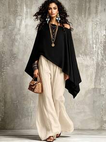 Women's Bohemian Style Black Asymmetrical Collar Cape-Style Long Sleeve Top, Draped Regular Length Woven Blouse, Suitable For Autumn Wear - Black - View 5