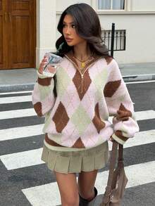 Women's Plus Size Diamond Quilted Half-Zip Sweater, Soft Fuzzy Small Stand Collar Long Sleeve Knit Top, Preppy Y2K Casual Loose Pullover For Autumn - Pinkish Brown - View 6