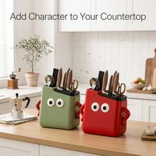 1pc Cute Cartoon Face Knife Holder, Multi-Slot Utensil Storage Rack With Built-In Chopstick Holder And Removable Drip Tray, Space-Saving Kitchen Countertop Organizer - View 9