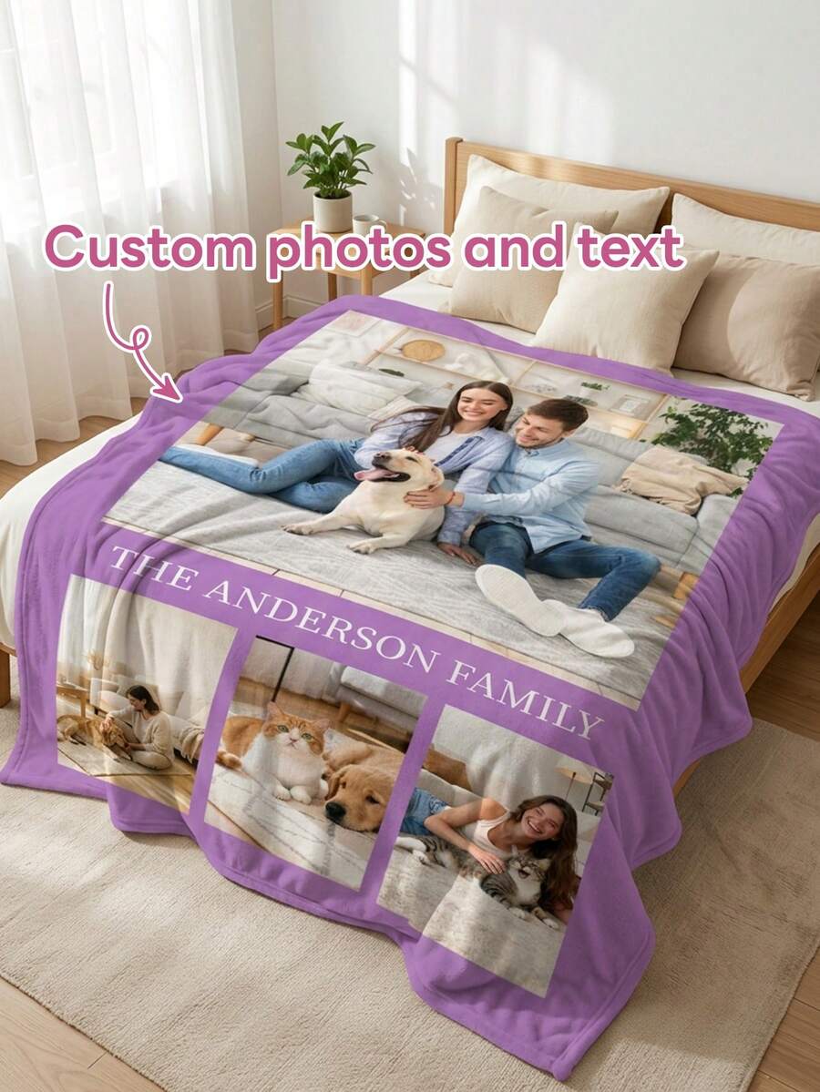 1pc Customized Multi-Photo & Text Flannel Blanket, Personalized Family Photo Collage Throw, Custom Warm & Cozy Bed/Sofa Blanket, Unique Family Memory Birthday Holiday Gift - Multicolor - View 1