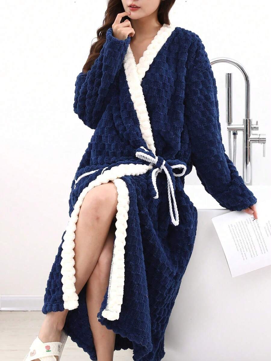 女款珊瑚絨可穿式長款加厚保暖浴袍 1件裝 - 藏蓝色 - 查看 1