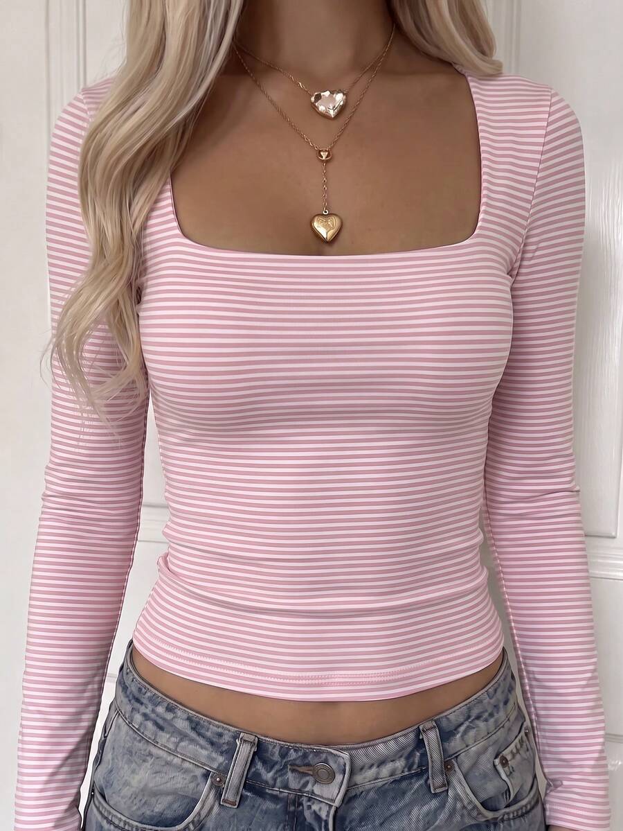 SCARLUX Autumn Y2K Pink Pinstripe Square Neck Fitted Long Sleeve T-Shirt, Versatile Top Suitable For Back To School, Business And Casual Wear - Pink and White Stripes - View 1