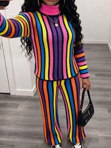 DVSLOE Women Y2K Rainbow Striped Fall Winter 2 Pieces Outfit, Turtleneck Long Sleeve Knit Top & Flared Pants Matching Set For Daily, Going Out - Multicolor - View 3