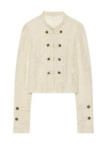 Women's Vintage Lace Top, Military Style Button-Front Puff Sleeve Elegant Blouse - Apricot - View 5