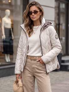 Women's Quilted Hooded Jacket With Detachable Hood, Zip Front And Side Pockets - Light Grey - View 2