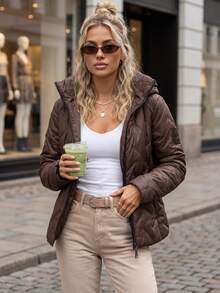 Women's Quilted Hooded Jacket With Detachable Hood, Zip Front And Side Pockets - Brown - View 4
