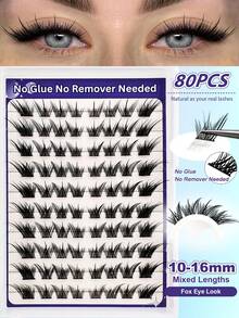 80pcs C Curl Self-Adhesive False Eyelash Clusters, Fox Eye Cartoon Style No Glue Needed Single Cluster False Eyelashes, Invisible Tape Long-Lasting Durable, No Sticky Residue Pre-Glued False Eyelashes - C - View 2