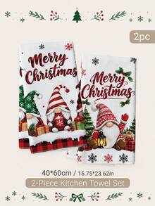 2PCS Kitchen Towel, Christmas Gnome Snowy Scene Merry Christmas Pattern Kitchen Towel Dish Cloth, Pastoral Style 40*60cm Rectangular Soft Microfiber Cleaning Kitchen Towel, Perfect For Kitchen, Dining Room And Bathroom Use, Christmas Kitchen Decoration, Home Decor, Neighbor Housewarming Gift, Dish Cloth - Red and White - View 3