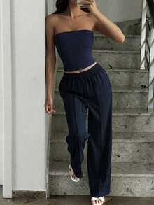 Vaiaye 2pcs Set Autumn Outfit Slim Fit Sexy Strapless Cropped Top Basic Tank Top Fashion Solid Color Elastic Fitted Yoga Tube Top, Spring/Summer Long Pants Set - Navy - View 2