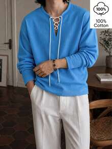 WAIT HIM 100% Cotton Men's Casual Solid Color Long Sleeve Tie-Up Notch Collar Loose Shirt, Spring & Autumn - Blue - View 4