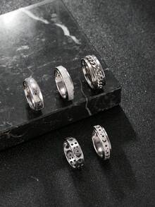 Hipoem 5pcs Fashion Stainless Steel Men's Ring Set With Embossed Chain Star Moon Matte Honeycomb Elements Suitable For Daily Wear Halloween Atmosphere Accessories - Silver - View 2