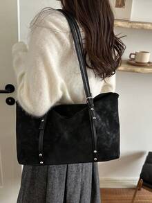 Premium Suede Tote Bag For Women 2026 New Matte Vintage Underarm Bag Large Capacity Shoulder Crossbody Bag - Black - View 6