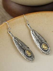 YOYO Vintage Carved Feather Earrings - Unique Oval Accessory - Silver - View 5