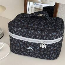 Black White Dark Floral Makeup Bag Minimalist Fresh Style Cosmetic Storage Portable Travel Organizer Pouch For Girls Students - Multicolor - View 7