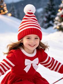 1Pc Kids Santa Knit Beanie Red White Striped Winter Hats For Girls Boys Teens Baby Essentials For Party Costume And Christmas Gift - Multicolor - View 3