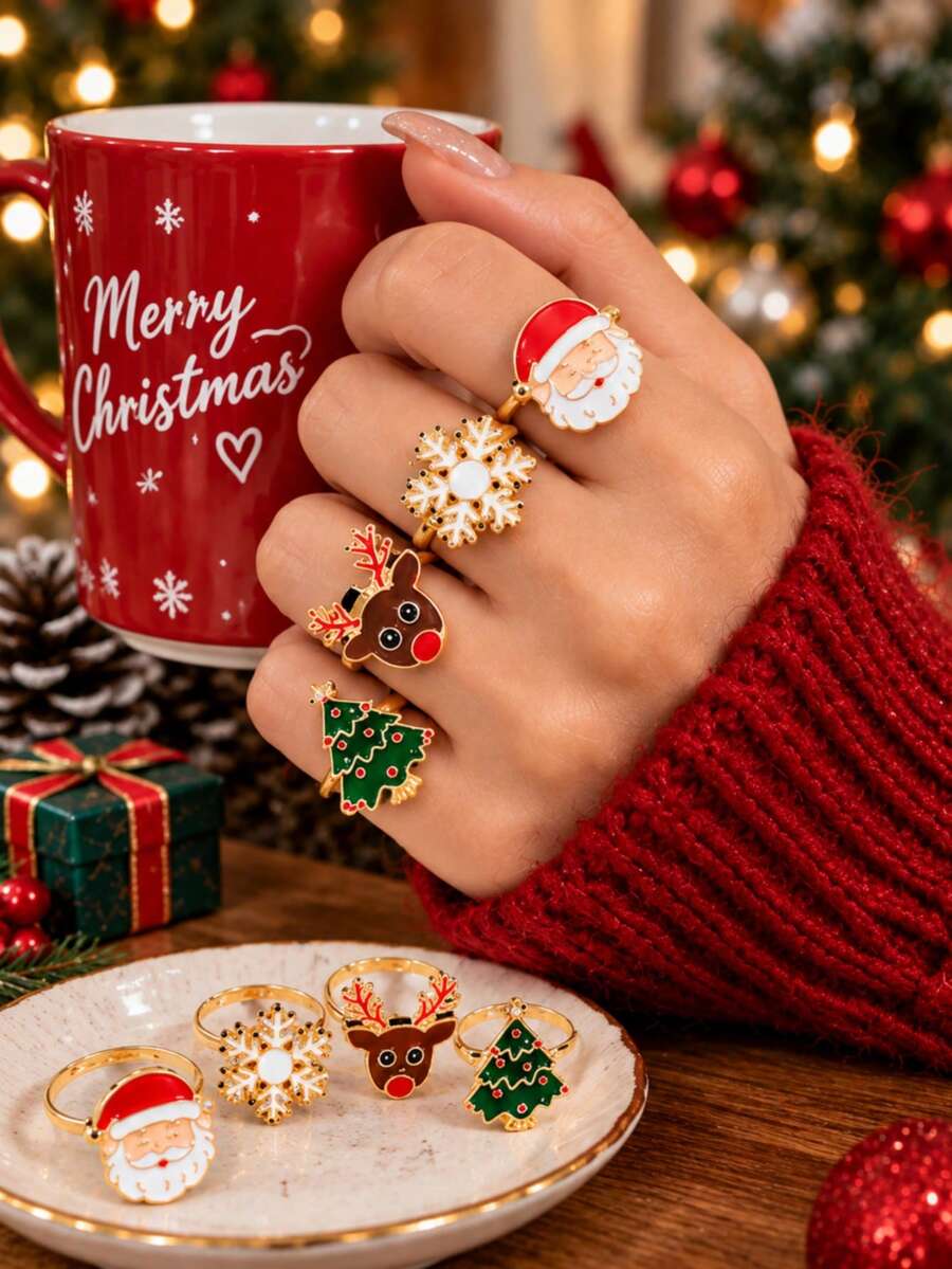 4pcs American Winter Limited Edition Christmas Style Exquisite Women's Ring Set, Small & Beautiful Open Adjustable Finger Ring Set, Fashion Personalized Jewelry Gift Suitable For Daily Wear, Perfect Party And Holiday Gift, Versatile Accessory For Casual And Vacation Outfits For Men And Women - Multicolor - View 1