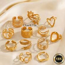 Random 5pcs Set Stainless Steel 18K Gold Plated Geometric Heart, Oval, Line, Flower, Leaf, Star And Moon Design Rings, Suitable For Daily Wear And Holidays - Gold - View 4