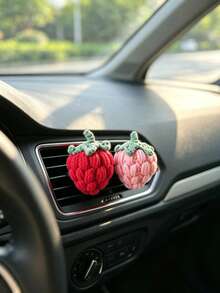 1pc Handmade Woven Strawberry Car Air Vent Decor, Women's Car Interior Air Conditioning Vent Ornament - A - View 3