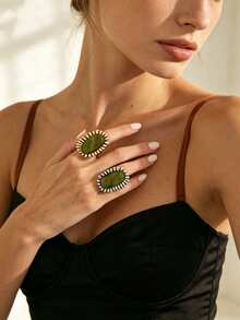 ZAA Green Oval Statement Ring, Vintage Sculptural Jewelry, Bold Cocktail Ring For Women - Resin Stone Ring - View 8