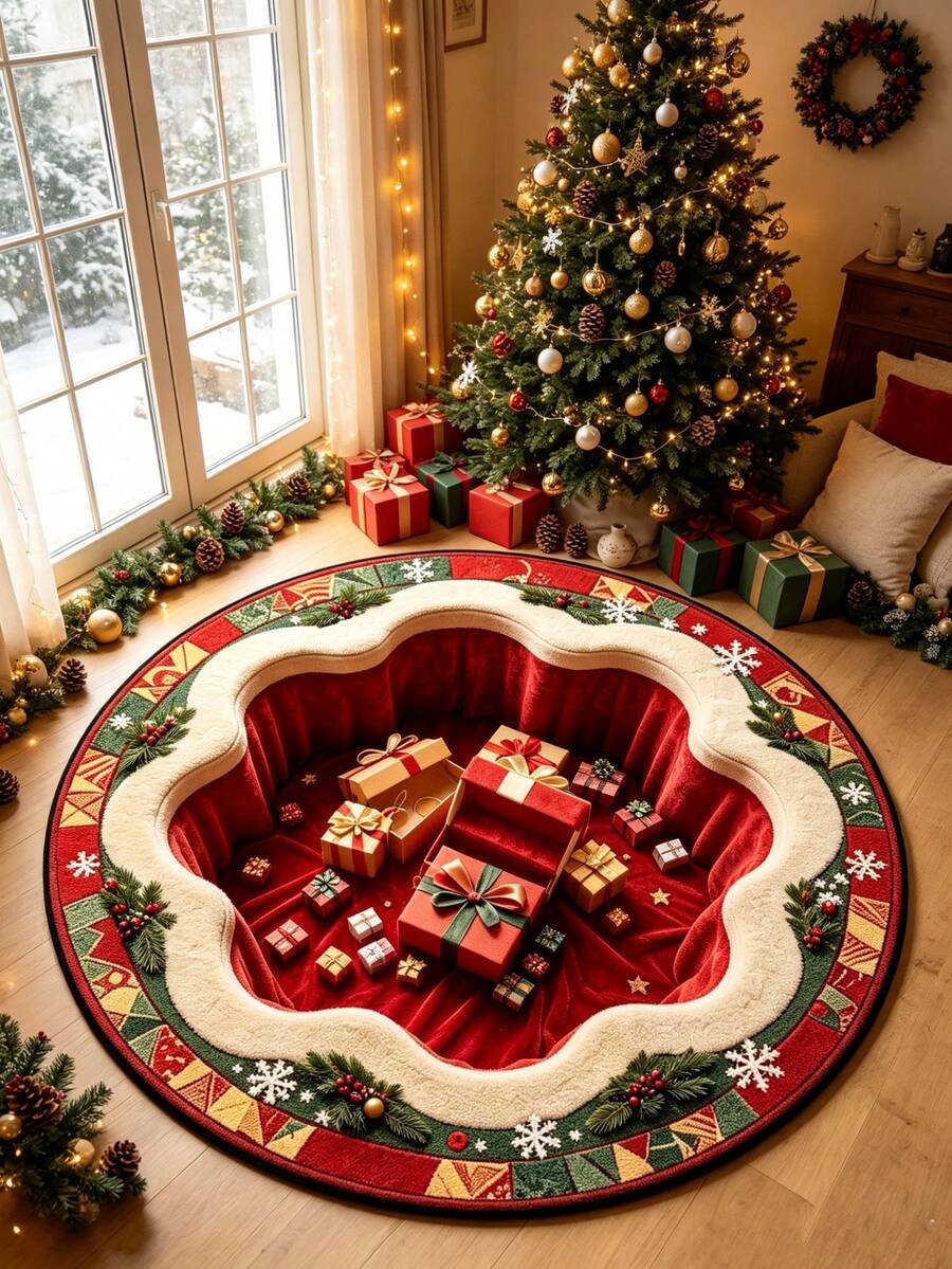 1pc Christmas Theme Living Room Round Rug Gift Box Pattern Bedroom Decor Bedside Carpet, 3D Visual Effect Home Bay Window Plush Rug, Seasonal Decorative Mat, With Holiday Design, Christmas Decoration, Perfect Christmas Gift, Perfect Match For Christmas And New Year Celebration, Decorative Rug, Bedroom Decor, Small Rug, Carpet, Home Decor, Living Room Rug - Multicolor - View 1