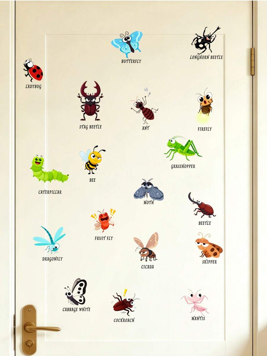 1. Cartoon Insect English Learning Wall Stickers Ladybug Butterfly Bee Praying Mantis Early Education Self-Adhesive Removable Children's Room Wall Decor Stickers - Multicolor - View 1