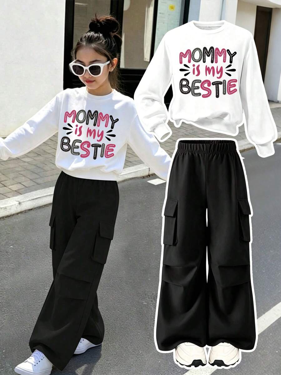 Tween Girl Letter Print Warm Crew Neck Sweatshirt And Cargo Pants - White - View 1