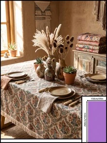 1pc Beige Background Blue Red Green Vintage Paisley Floral Pattern Tablecloth, Retro Bohemian Style Woven Fabric Material, Rectangular Beige Tassel Edge Detail, Stain-Resistant Protective And Decorative Function For Home Dining Table, Suitable For Bohemian Dining Table Decor And Daily Home Scenes - Khaki - View 18