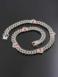 Gold & Silver Broken Heart Full Rhinestone Cuban Link Necklace, European & American Hip Hop Red Resin Heart Broken Rhinestone Thick Chain, Unisex Street Rap Couple Accessory, Holiday Gift - Broken Heart Necklace - View 4