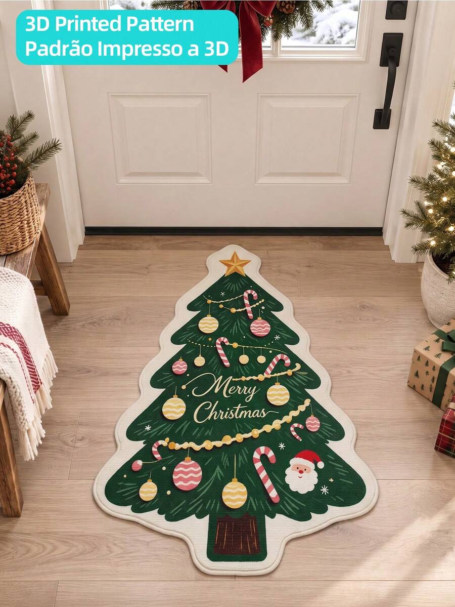 DAJIANG 1pc Christmas Tree Print Rug, Kitchen Mat, Hallway Runner, Area Rug For Bathroom, Kitchen, Hallway, Bedroom, Living Room, Bedside, Machine Washable, Easy To Clean, Entryway Mat, Non-Slip Backing, Bedroom Decor